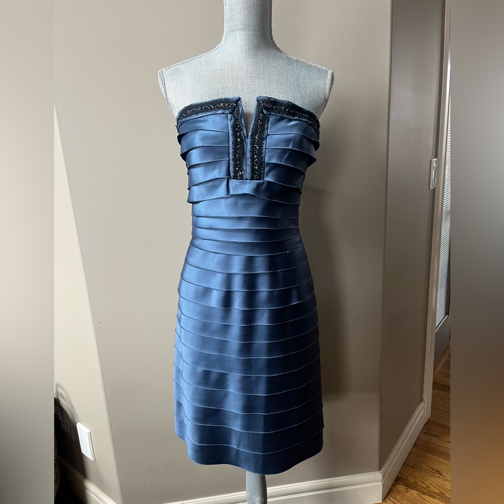 Bcbgmaxazria Strapless Blue Tiered Cocktail Dress With Beaded Detail